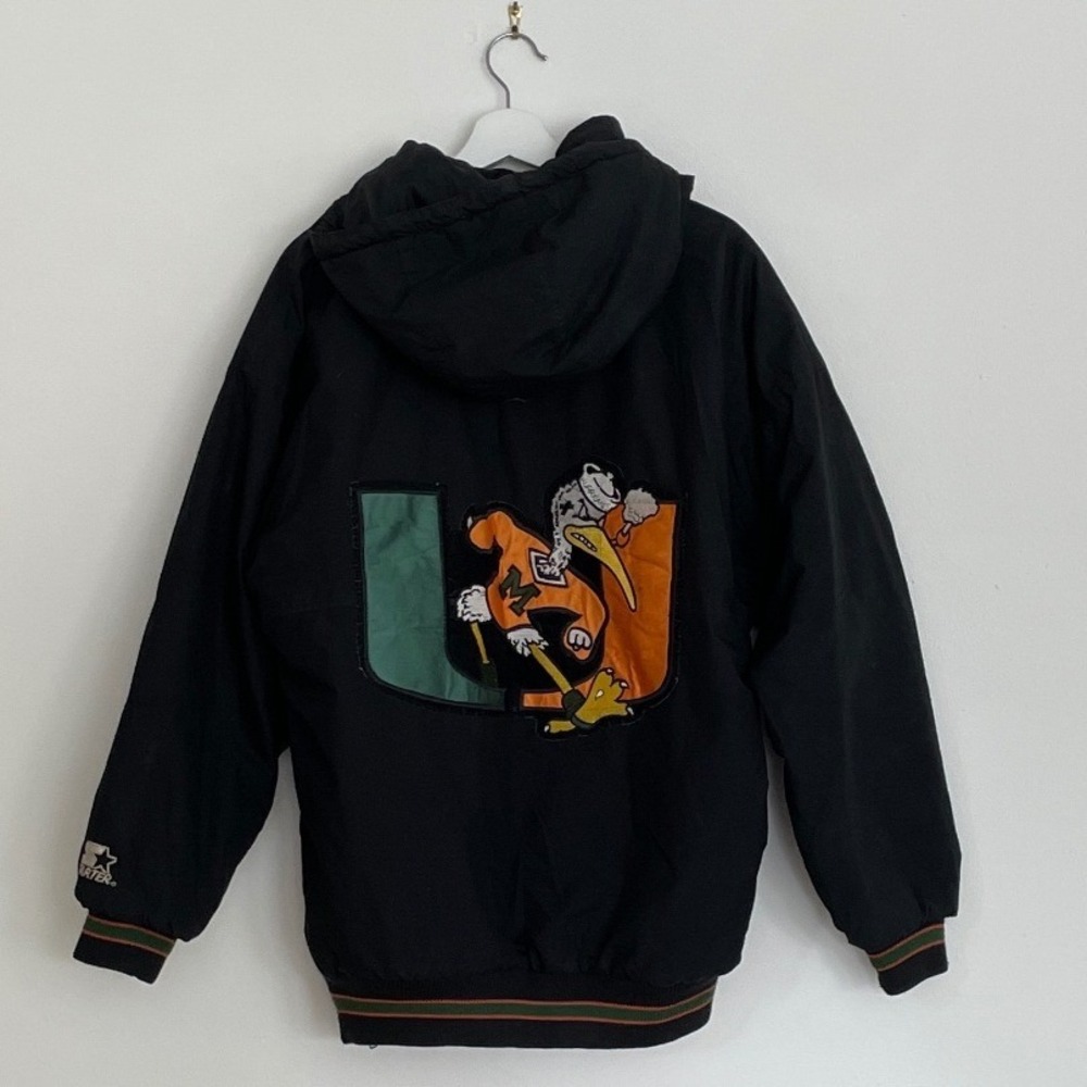 Vintage Starter Miami Hurricanes Jacket Black Puffer Parka Hooded Mens Medium